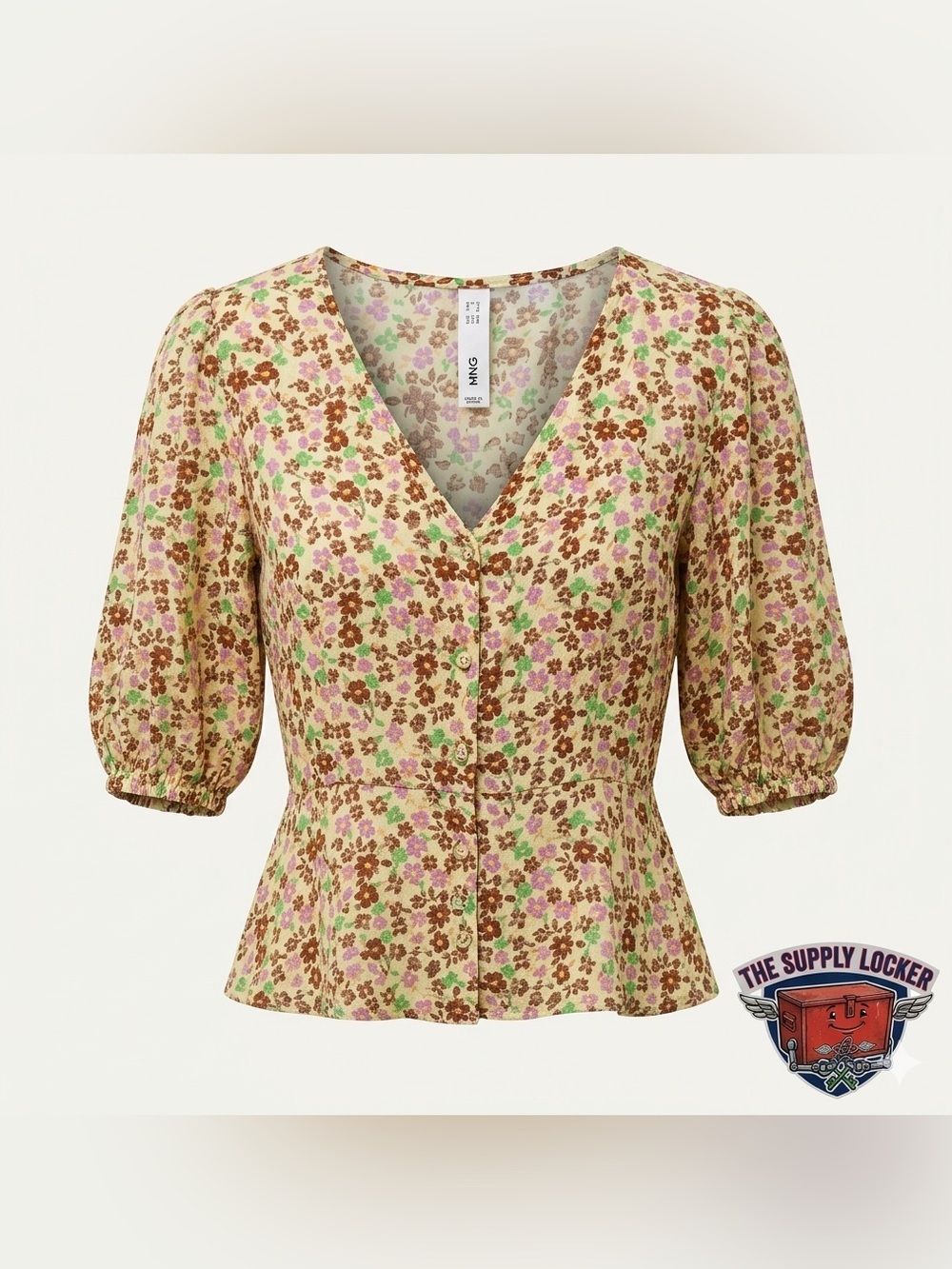 Mango Floral Peplum Blouse Womens Size 2 XS Cream Puff Sleeve NWT